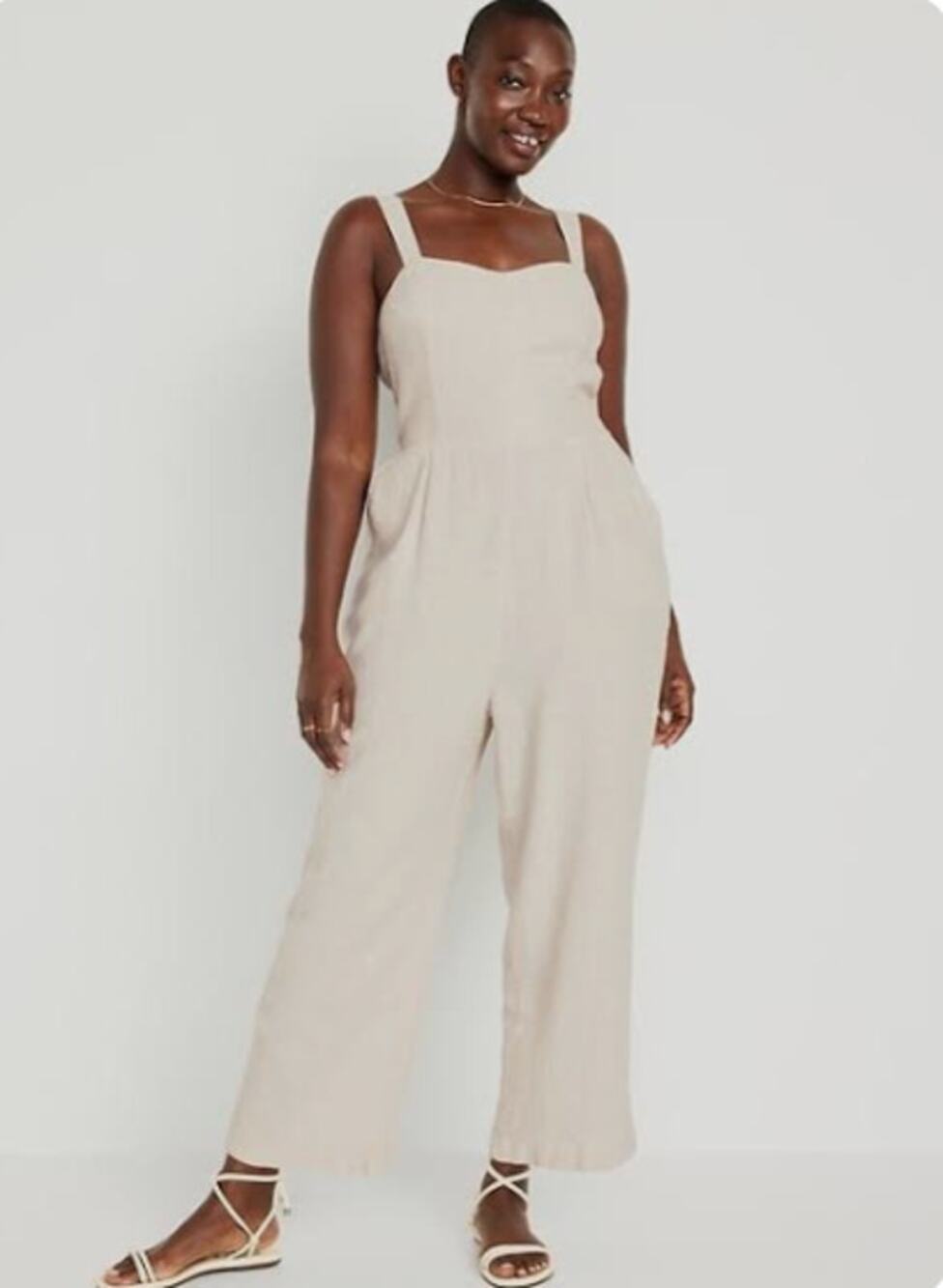 Old Navy Beige Linen Blend Fit & Flare Crop Jumpsuit Size XXL Minimalist Beachy
